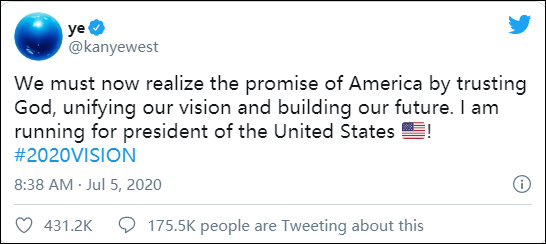 “侃爷”于7月4日宣布今年竞选美国总统 推特截图