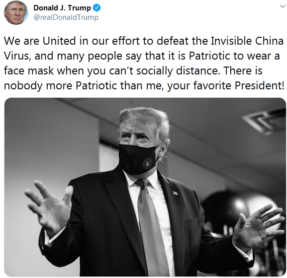 戴上口罩继续甩锅！特朗普发推再提“中国病毒”