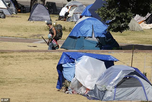 丹佛州议会大厦对面的公园内，无家可归者的帐篷（法新社）