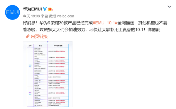 好消息！华为荣誉30款产品完成EMUI10.1推送