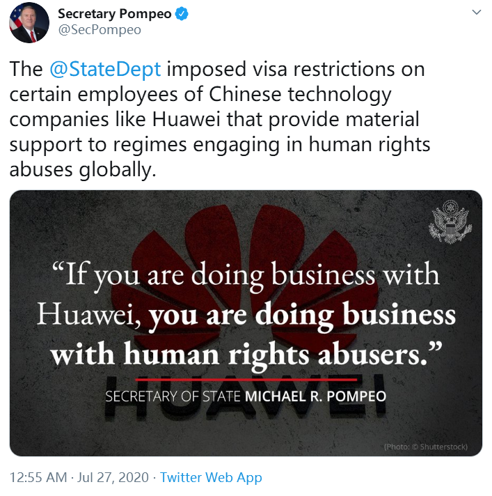  真是一只黑手！彭博：对华为等中国科技公司的特定员工实施了签证限制