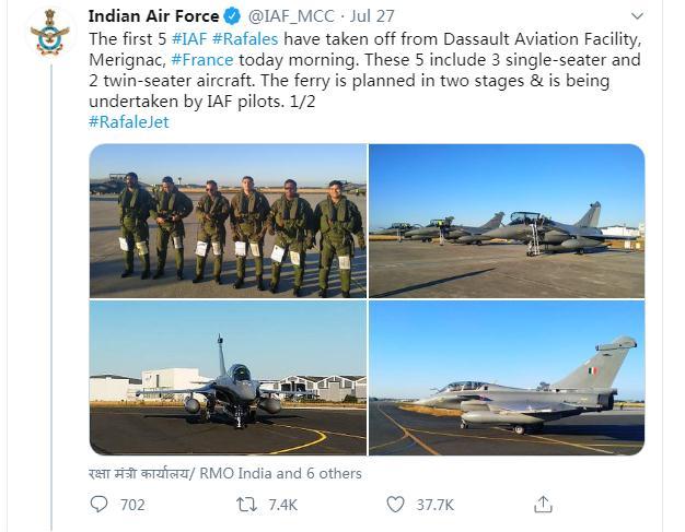 印度购买的前五架阵风飞机已从法国飞往印度
