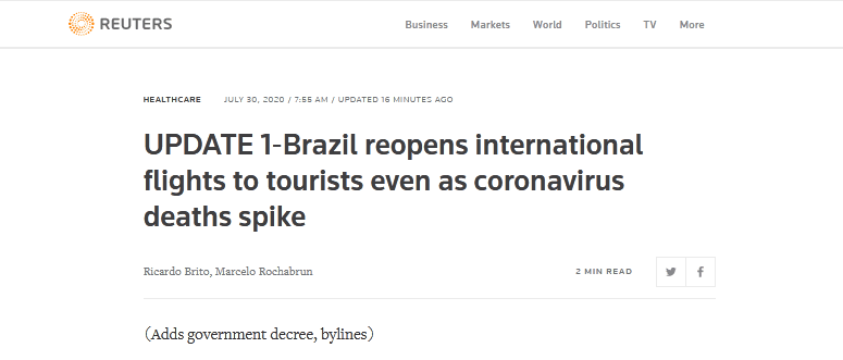 69000箱！巴西在创纪录的一天向外国游客开放国际航班
