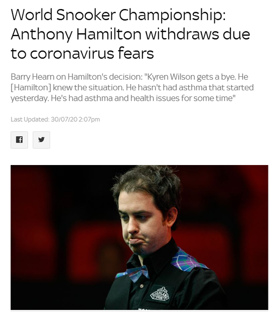 汉密尔顿因哮喘退出了斯诺克世锦赛，并担心新冠肺炎
