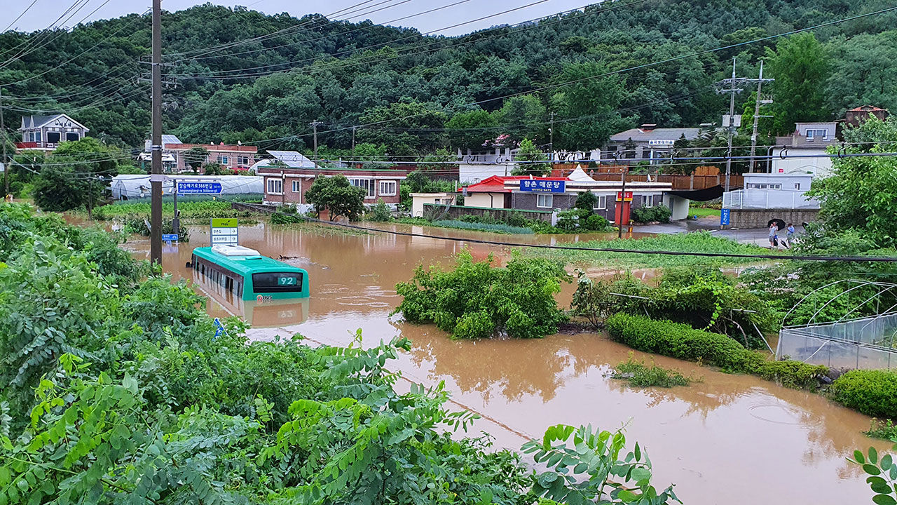 太令人激动了！韩国边境上的一辆公共汽车突然被洪水淹没了