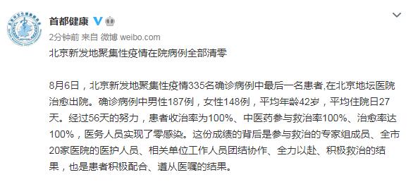北京所有聚集性流行病病例均已在医院清除。