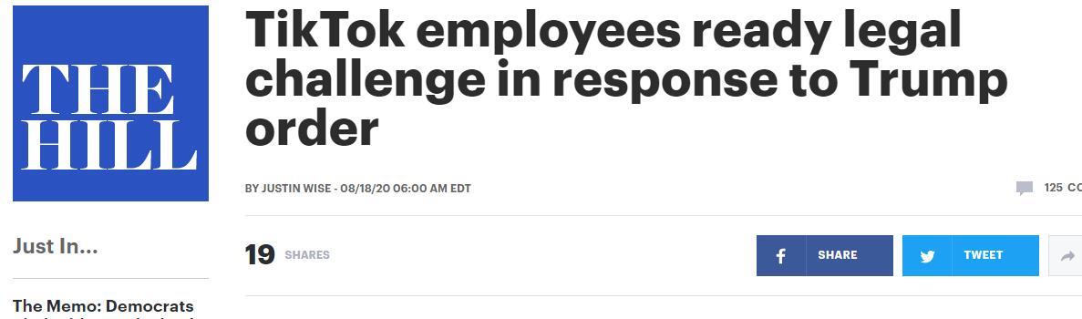 美国媒体：TikTok美国雇员预计本周将在联邦法院起诉特朗普政府。