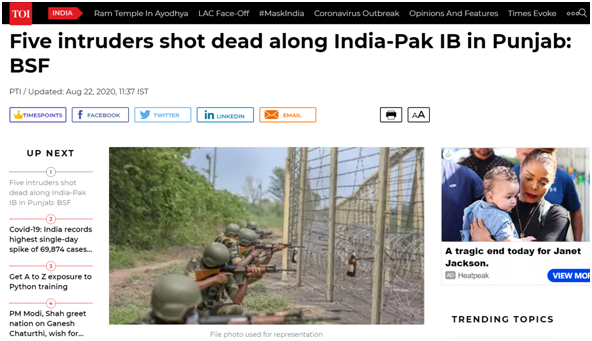  突如其来！印度边境安全部队在印巴边境杀死了5名入侵者