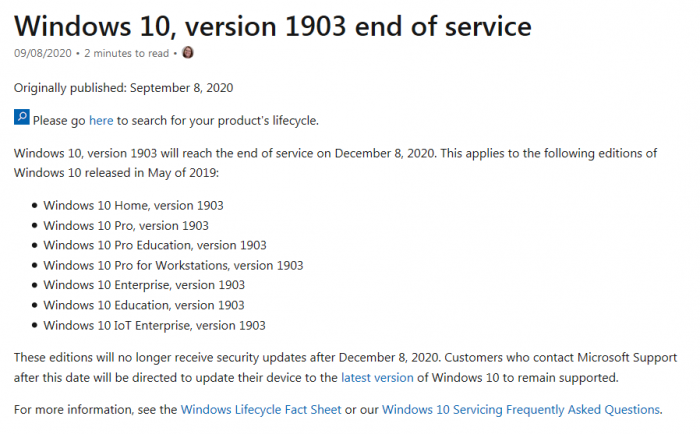 Windows 10 Version 1903  12月8日停止支持